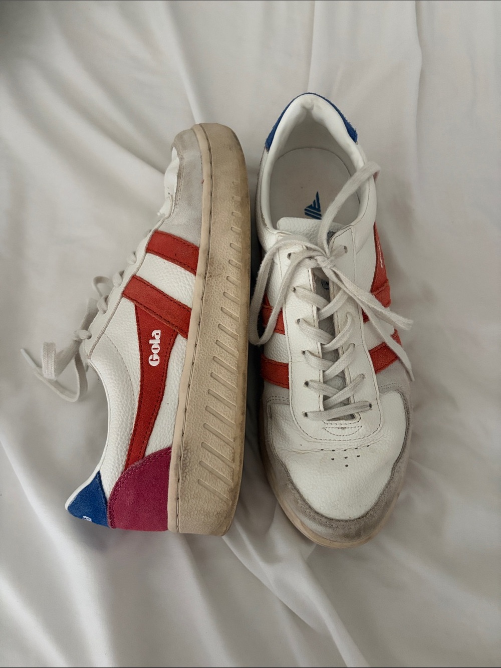 Gola White Leather Sneakers with Red Stripes and Blue & Pink Accents